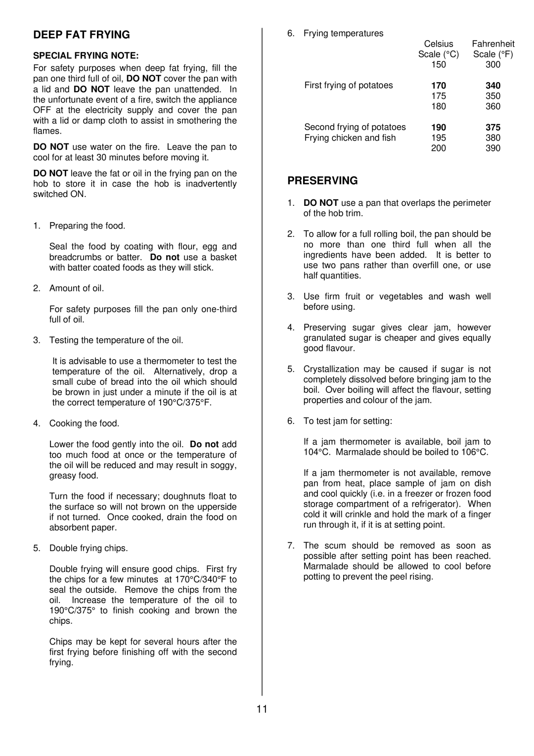 Tricity Bendix SB200 installation instructions Deep FAT Frying, Preserving 