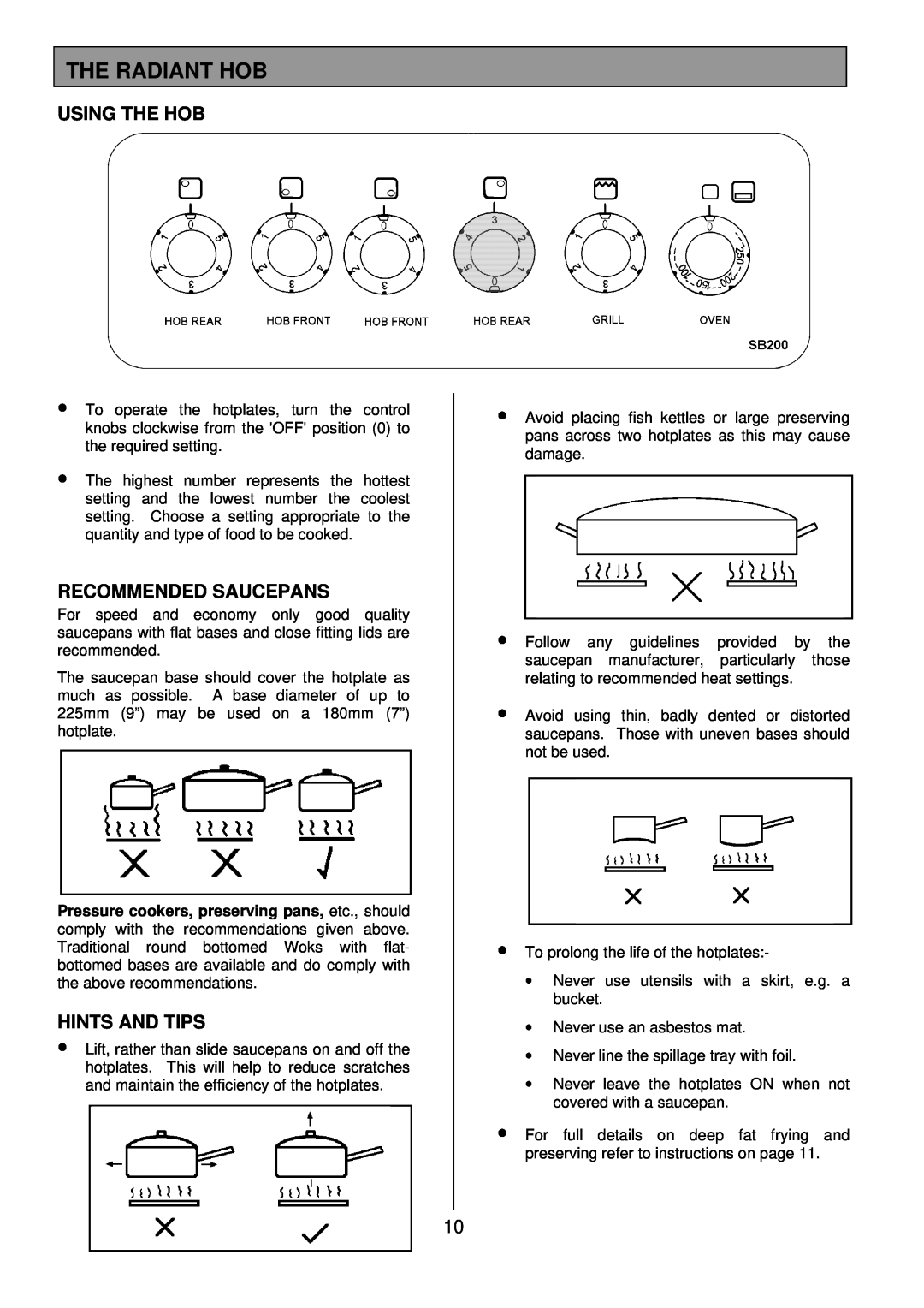 Tricity Bendix SB200 installation instructions The Radiant Hob, Using The Hob, Recommended Saucepans, Hints And Tips 