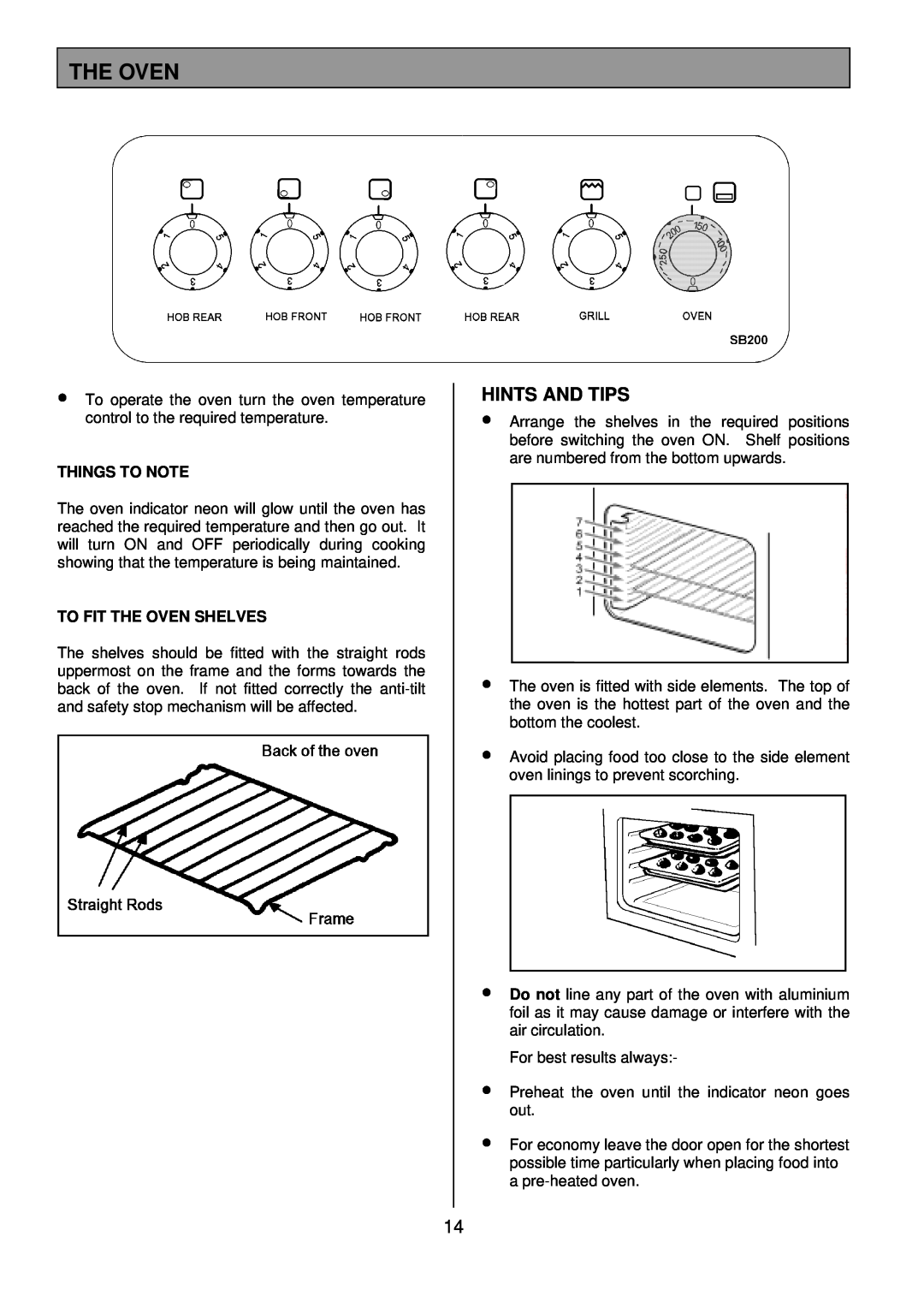 Tricity Bendix SB200 installation instructions Things To Note, To Fit The Oven Shelves 