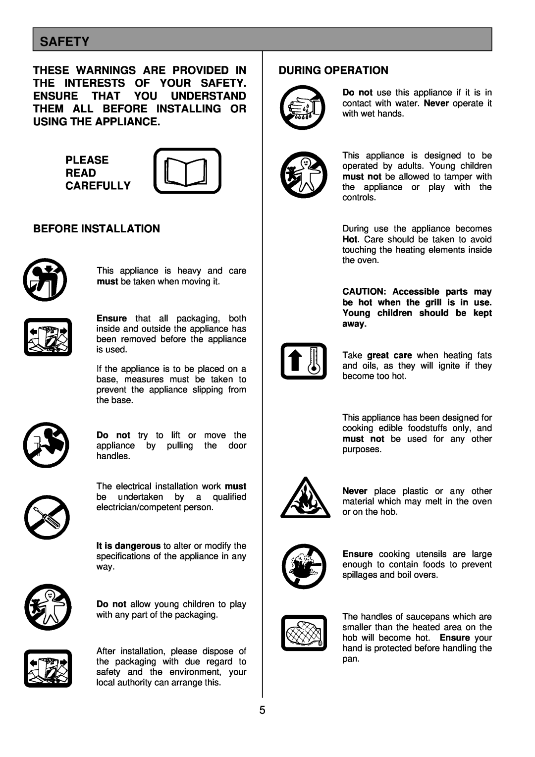 Tricity Bendix SB200 installation instructions Safety, Please Read Carefully Before Installation, During Operation 