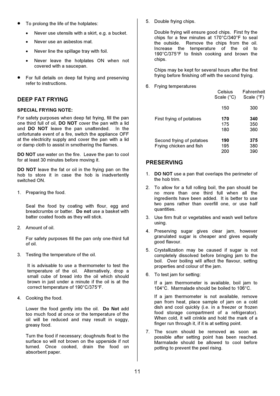 Tricity Bendix SB200/3 installation instructions Deep FAT Frying, Preserving 