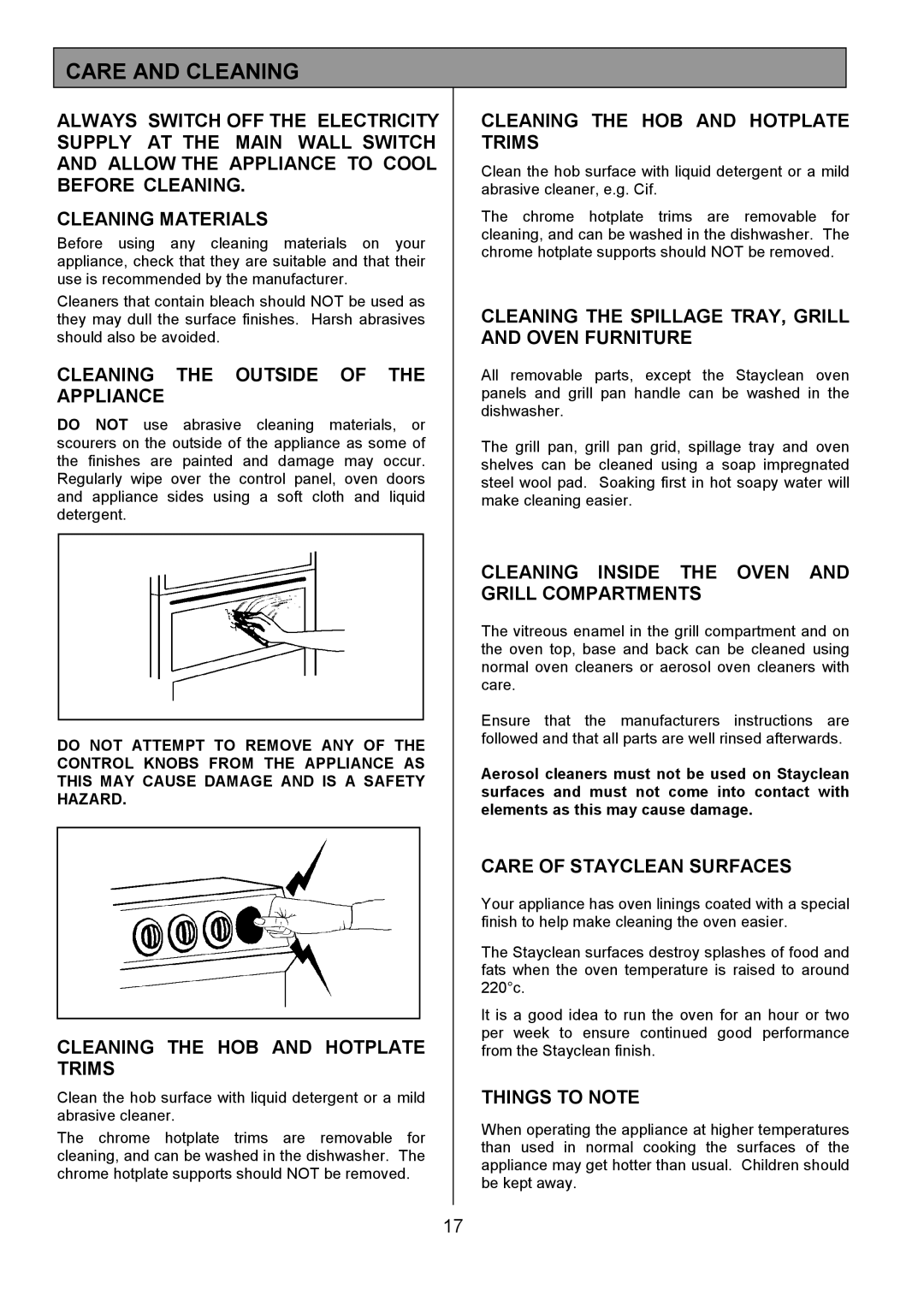 Tricity Bendix SB200/3 installation instructions Care and Cleaning 