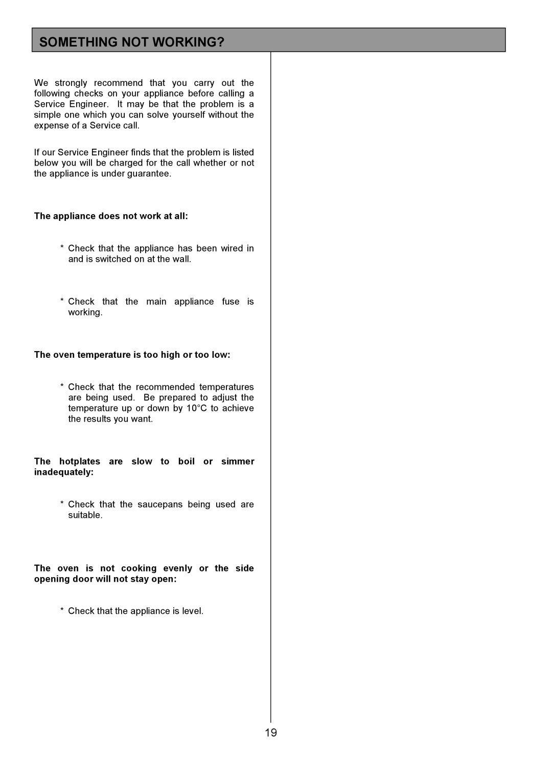 Tricity Bendix SB200/3 installation instructions Something not WORKING?, Appliance does not work at all 