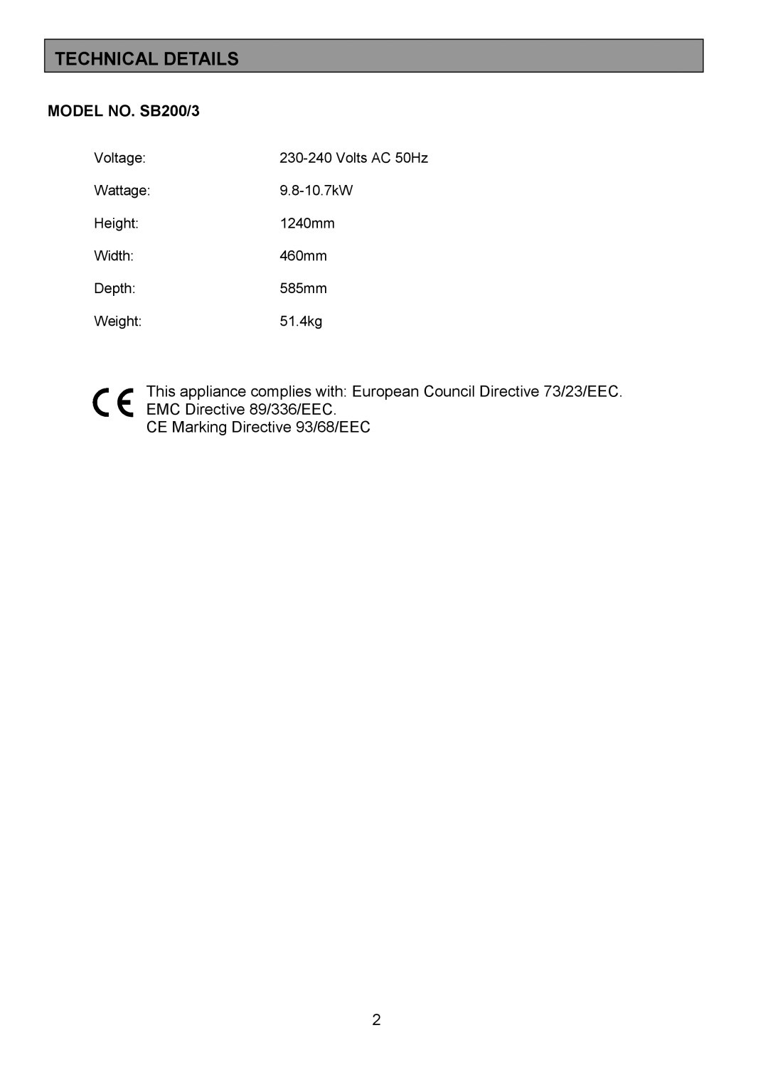 Tricity Bendix installation instructions Technical Details, Model NO. SB200/3 