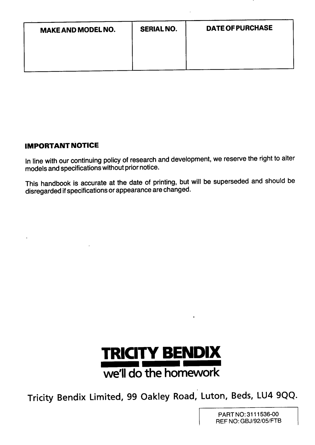 Tricity Bendix SB230 manual 