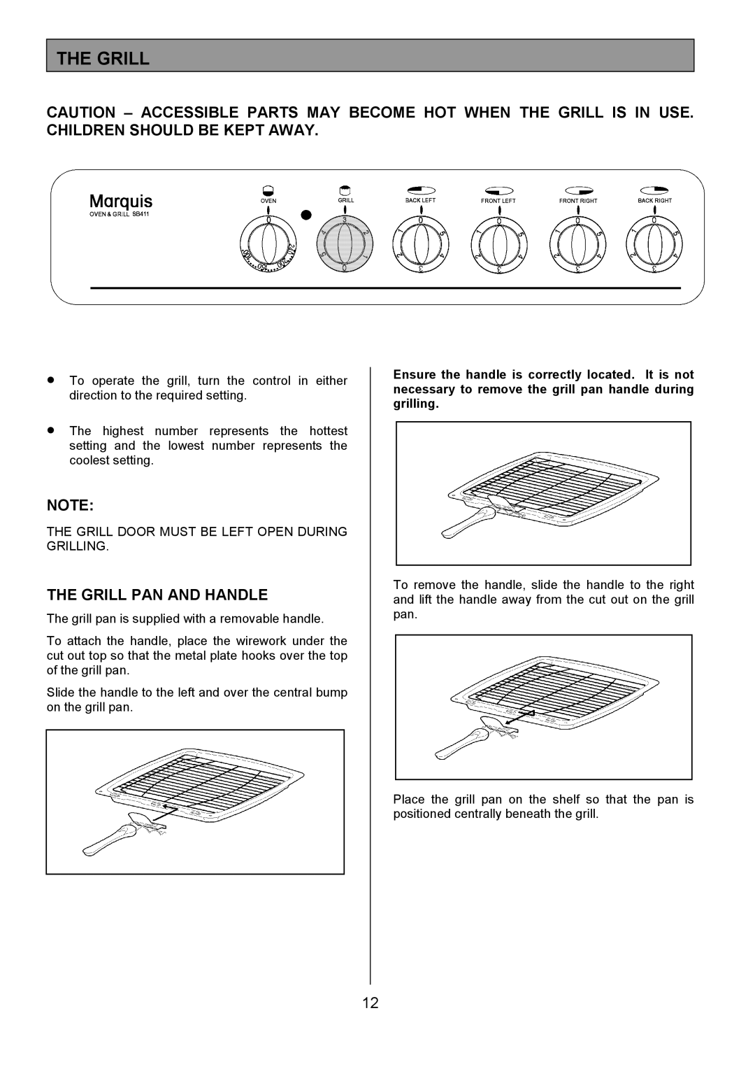 Tricity Bendix SB411 installation instructions Grill PAN and Handle 