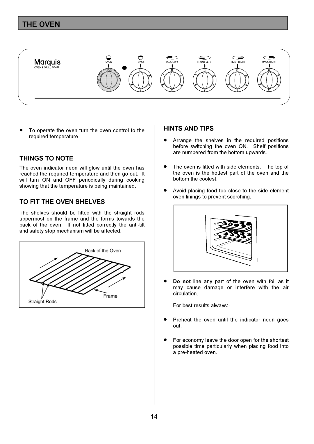 Tricity Bendix SB411 installation instructions Things to Note, To FIT the Oven Shelves 