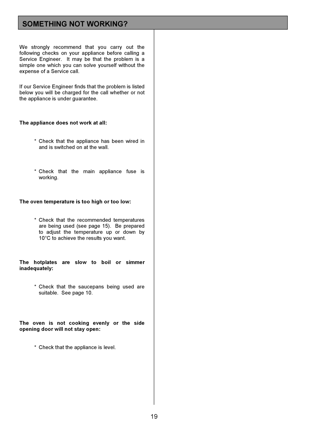 Tricity Bendix SB411 installation instructions Something not WORKING?, Appliance does not work at all 