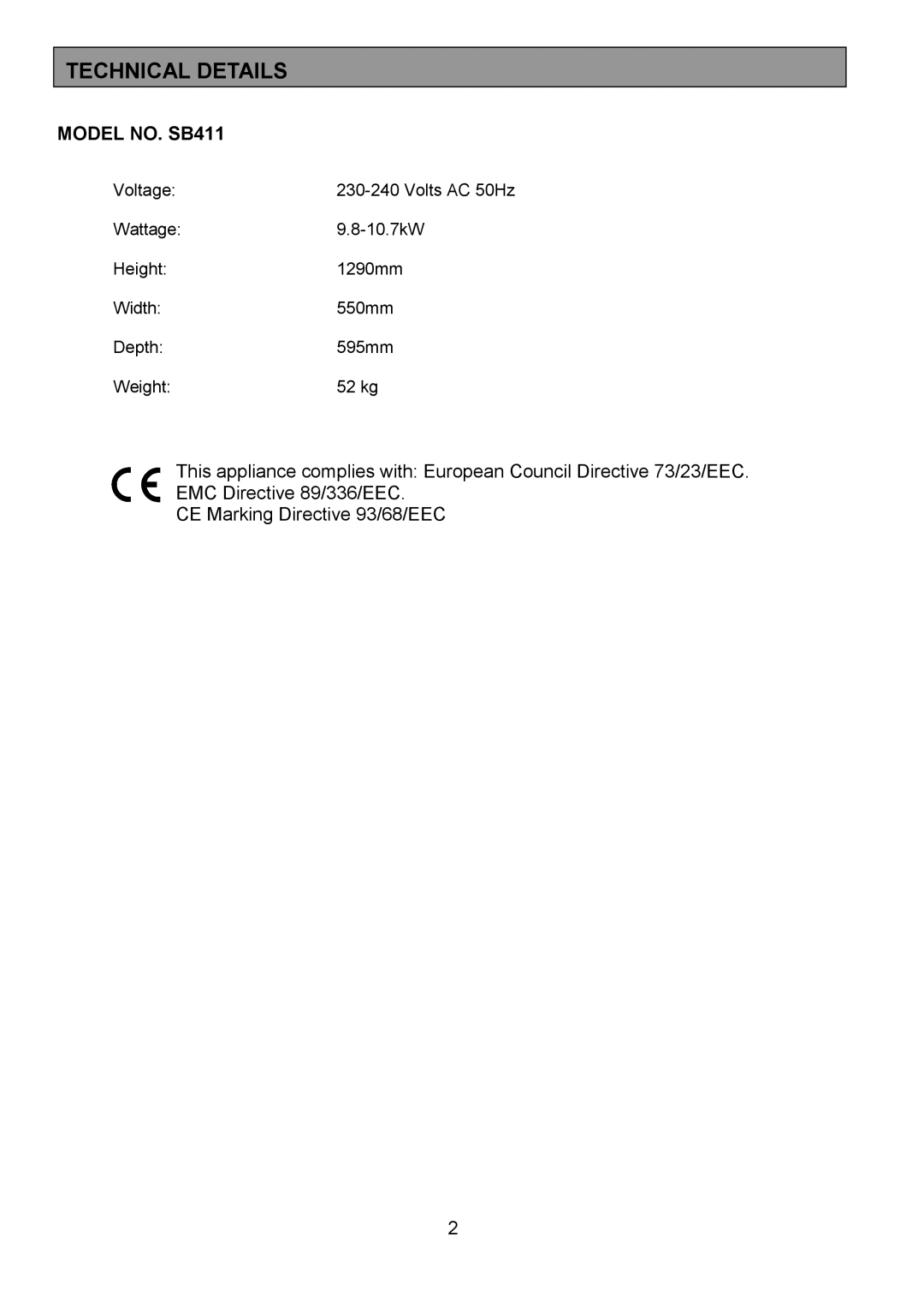 Tricity Bendix installation instructions Technical Details, Model NO. SB411 