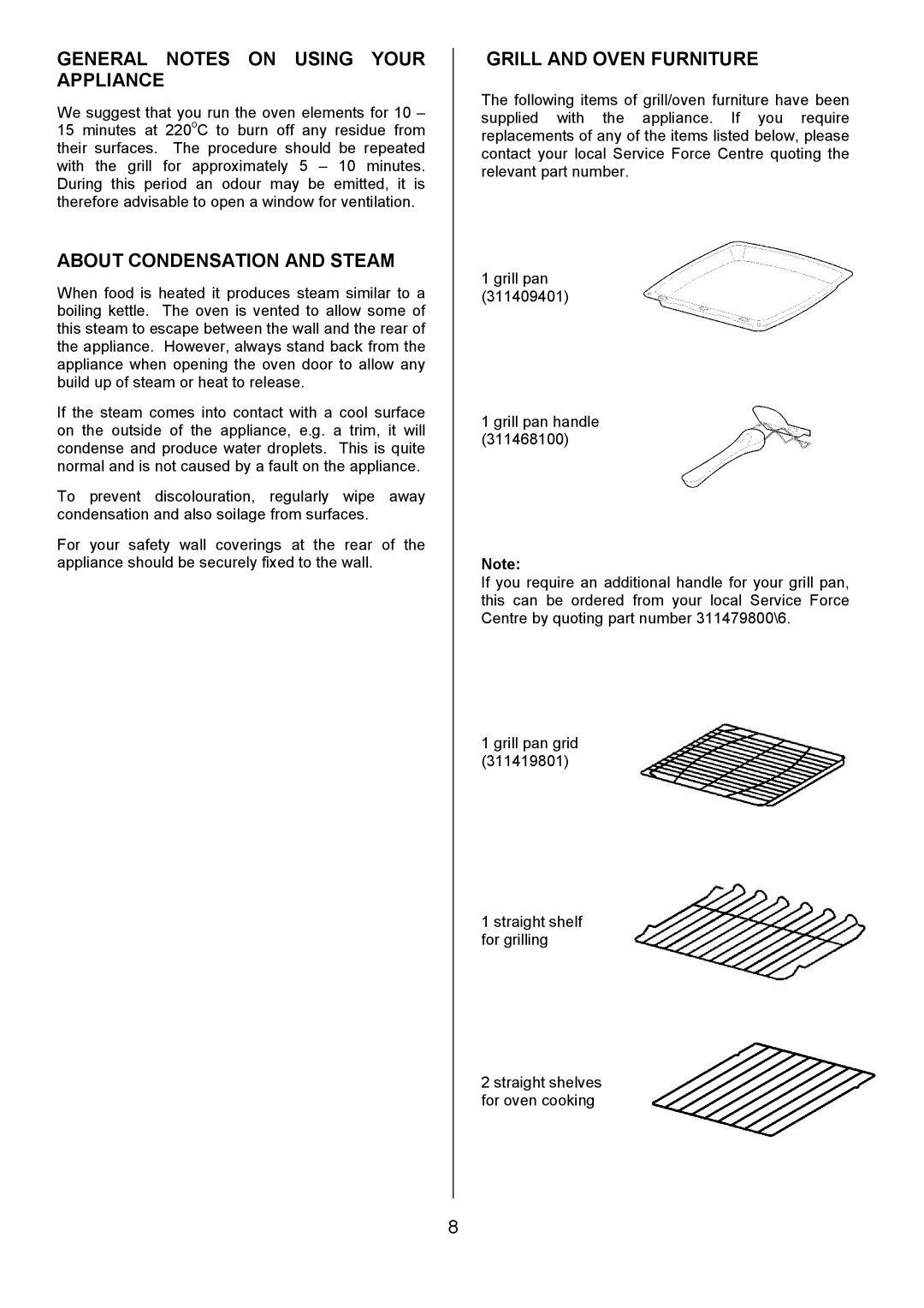 Tricity Bendix SB411 General Notes on Using Your Appliance, About Condensation and Steam, Grill and Oven Furniture 