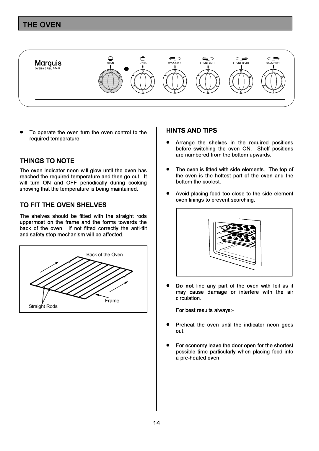 Tricity Bendix SB411 installation instructions Things To Note, To Fit The Oven Shelves, Hints And Tips 
