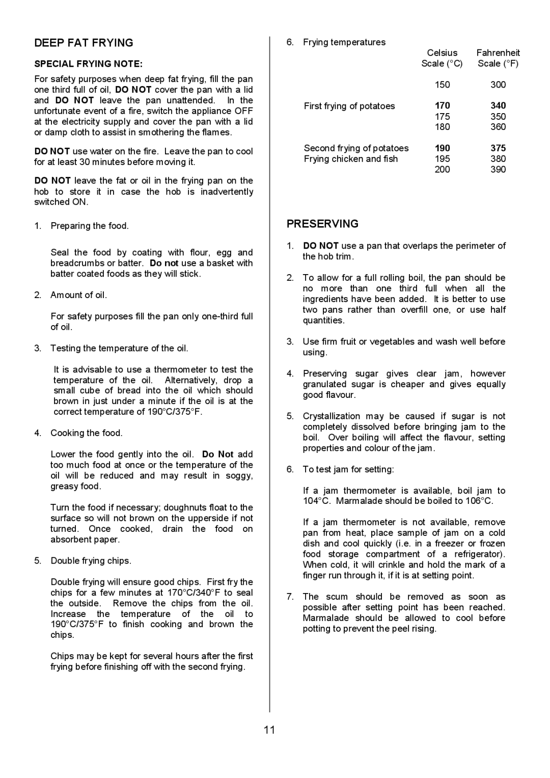 Tricity Bendix SB412 installation instructions Deep FAT Frying, Preserving 