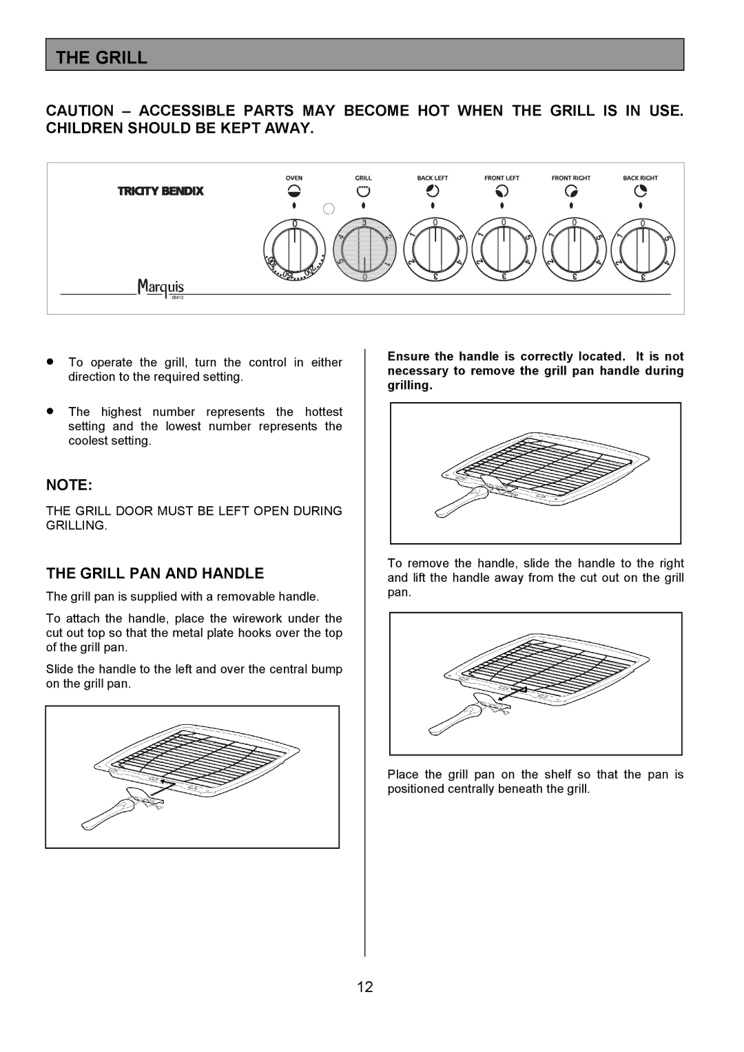 Tricity Bendix SB412 installation instructions Grill PAN and Handle 