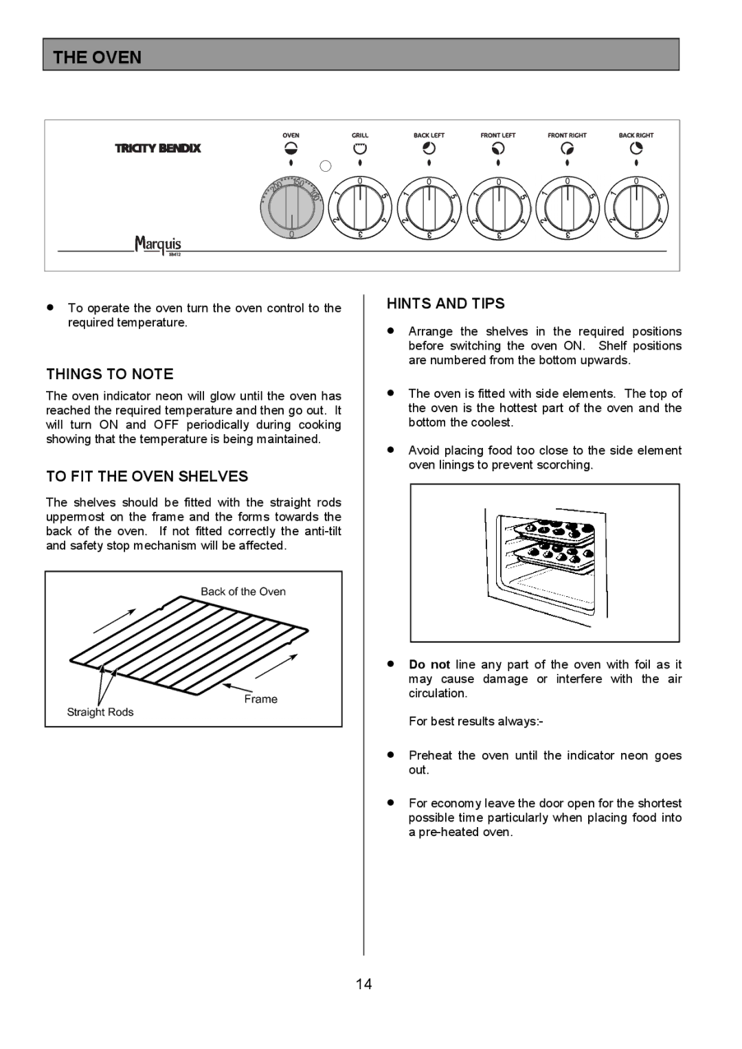 Tricity Bendix SB412 installation instructions Things to Note, To FIT the Oven Shelves 