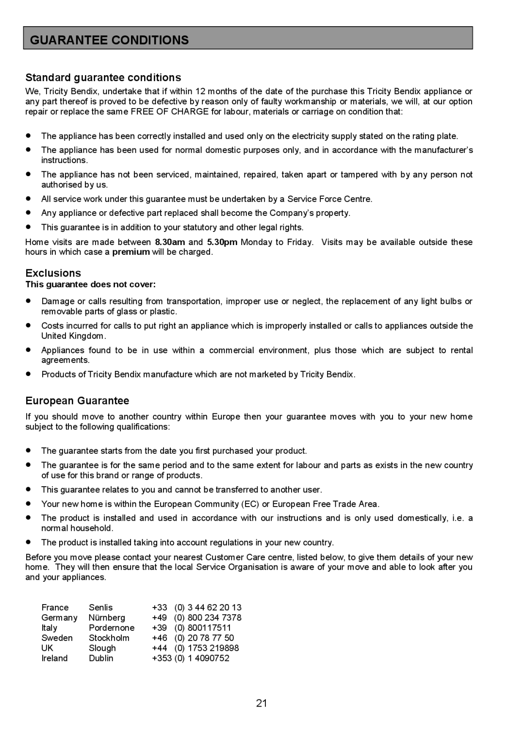 Tricity Bendix SB412 installation instructions Guarantee Conditions, Standard guarantee conditions 