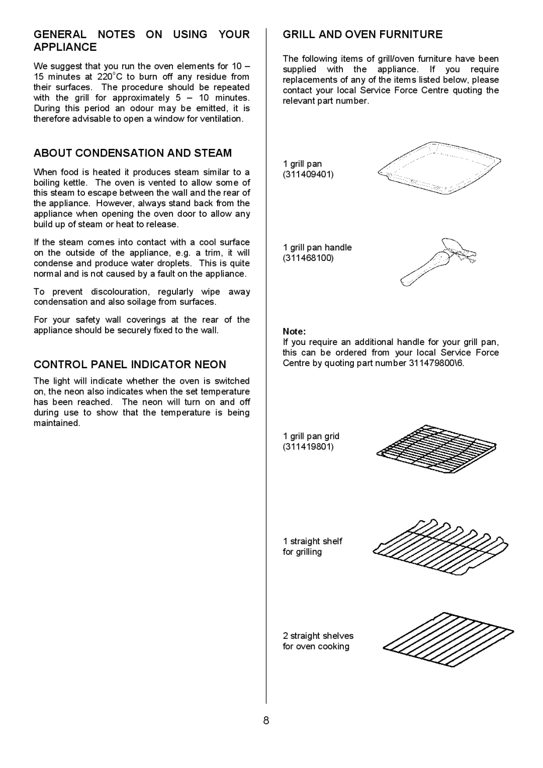 Tricity Bendix SB412 General Notes on Using Your Appliance, About Condensation and Steam, Control Panel Indicator Neon 