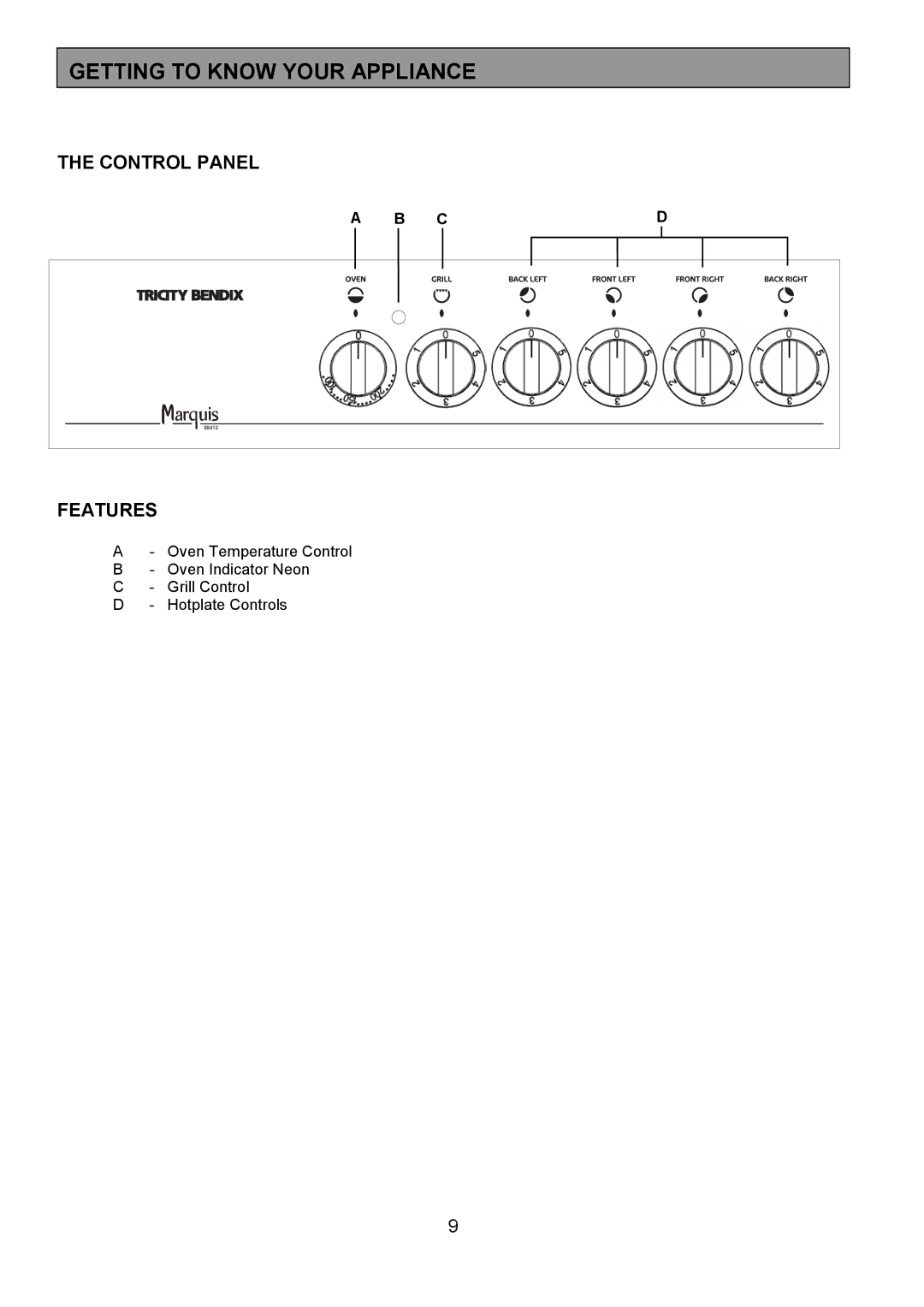 Tricity Bendix SB412 installation instructions Getting to Know Your Appliance, Control Panel Features 