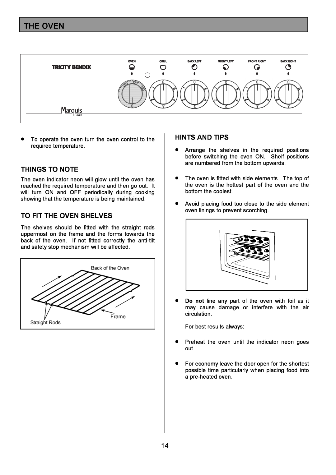 Tricity Bendix SB412 installation instructions Things To Note, To Fit The Oven Shelves, Hints And Tips 