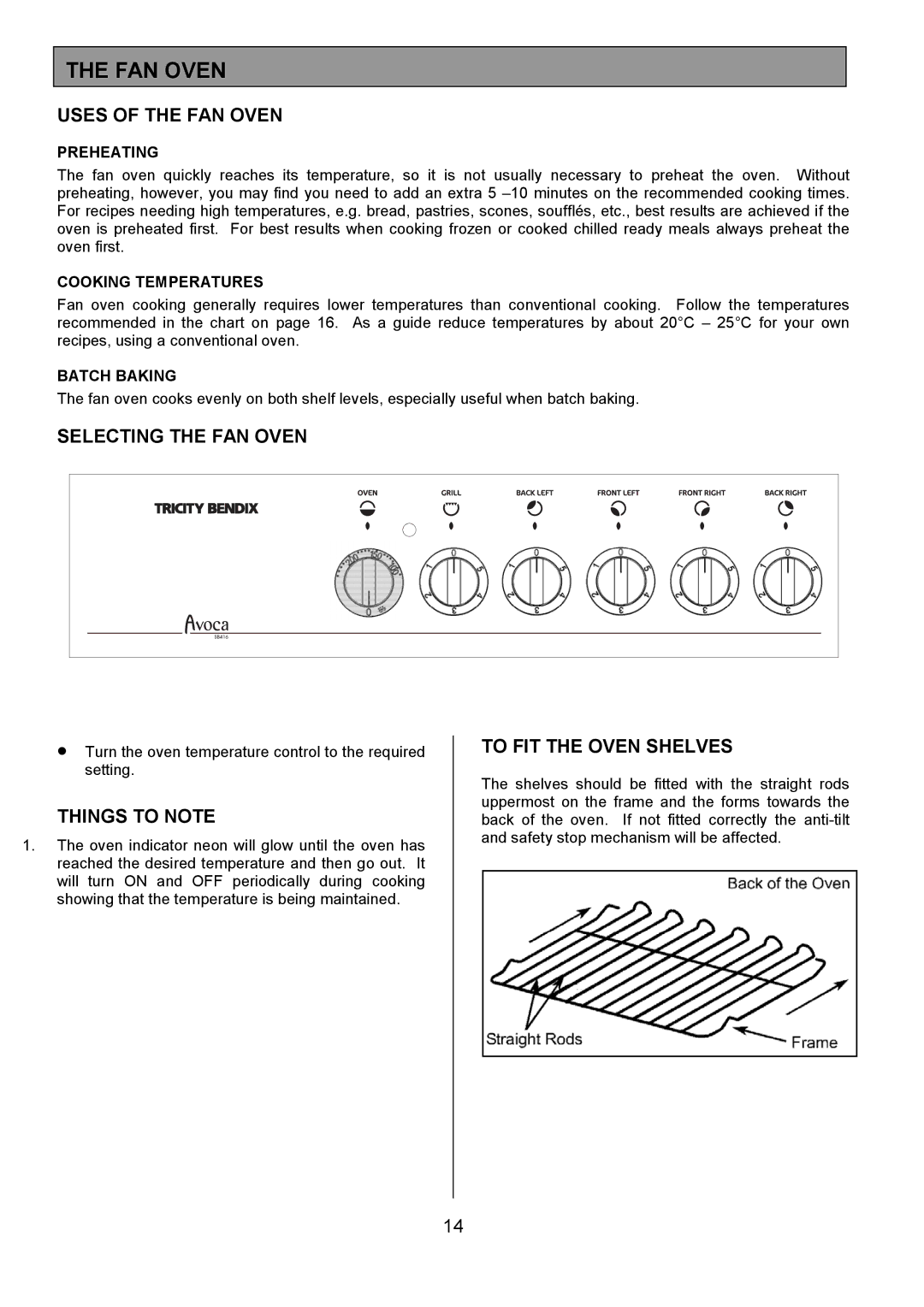 Tricity Bendix SB416 Uses of the FAN Oven, Selecting the FAN Oven, Things to Note, To FIT the Oven Shelves 