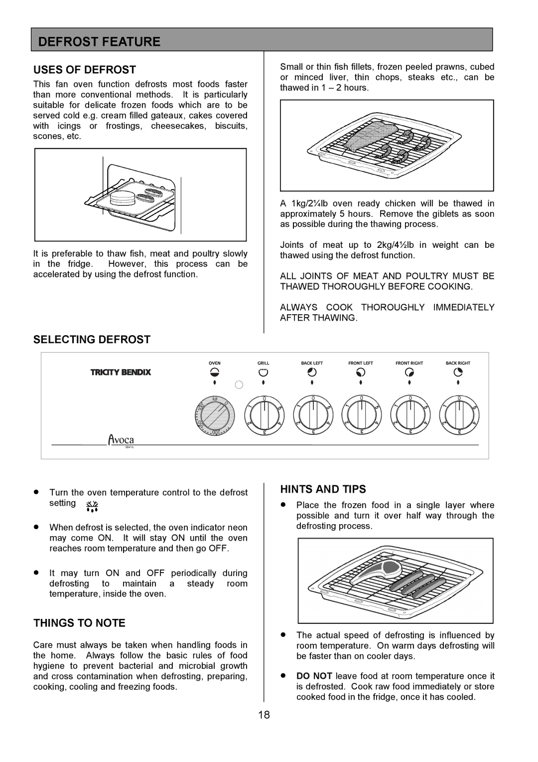 Tricity Bendix SB416 installation instructions Defrost Feature, Uses of Defrost, Selecting Defrost 