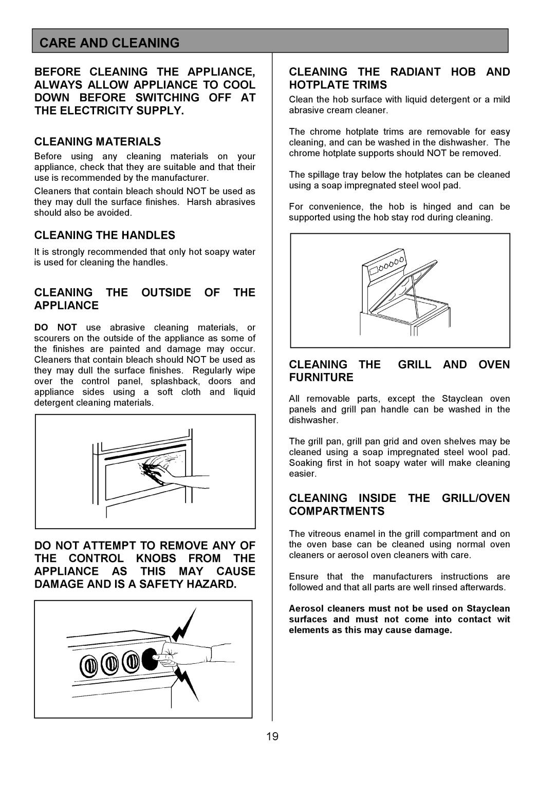 Tricity Bendix SB416 Care and Cleaning, Cleaning the Handles, Cleaning the Outside of the Appliance 