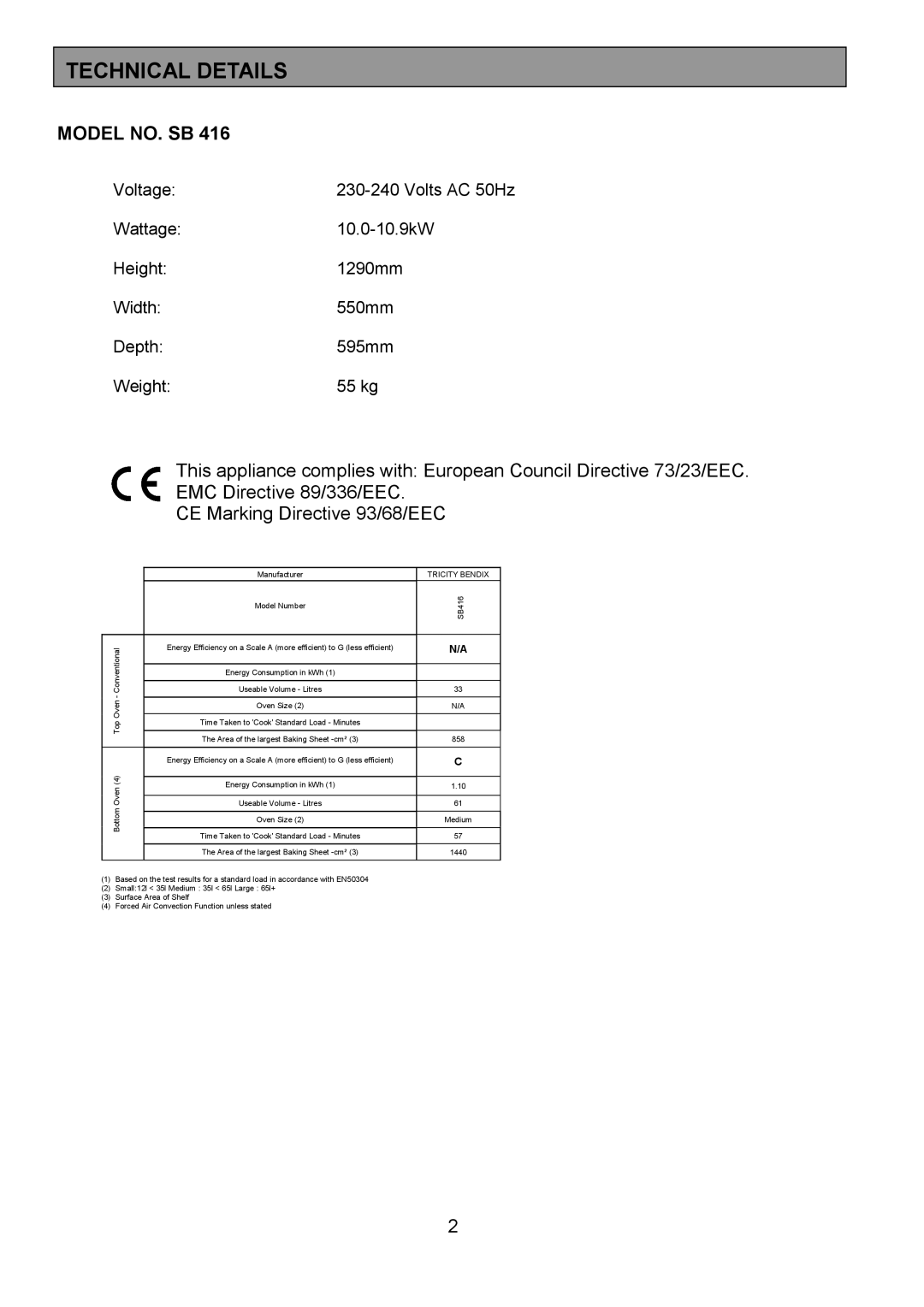 Tricity Bendix SB416 installation instructions Technical Details, Model NO. SB 