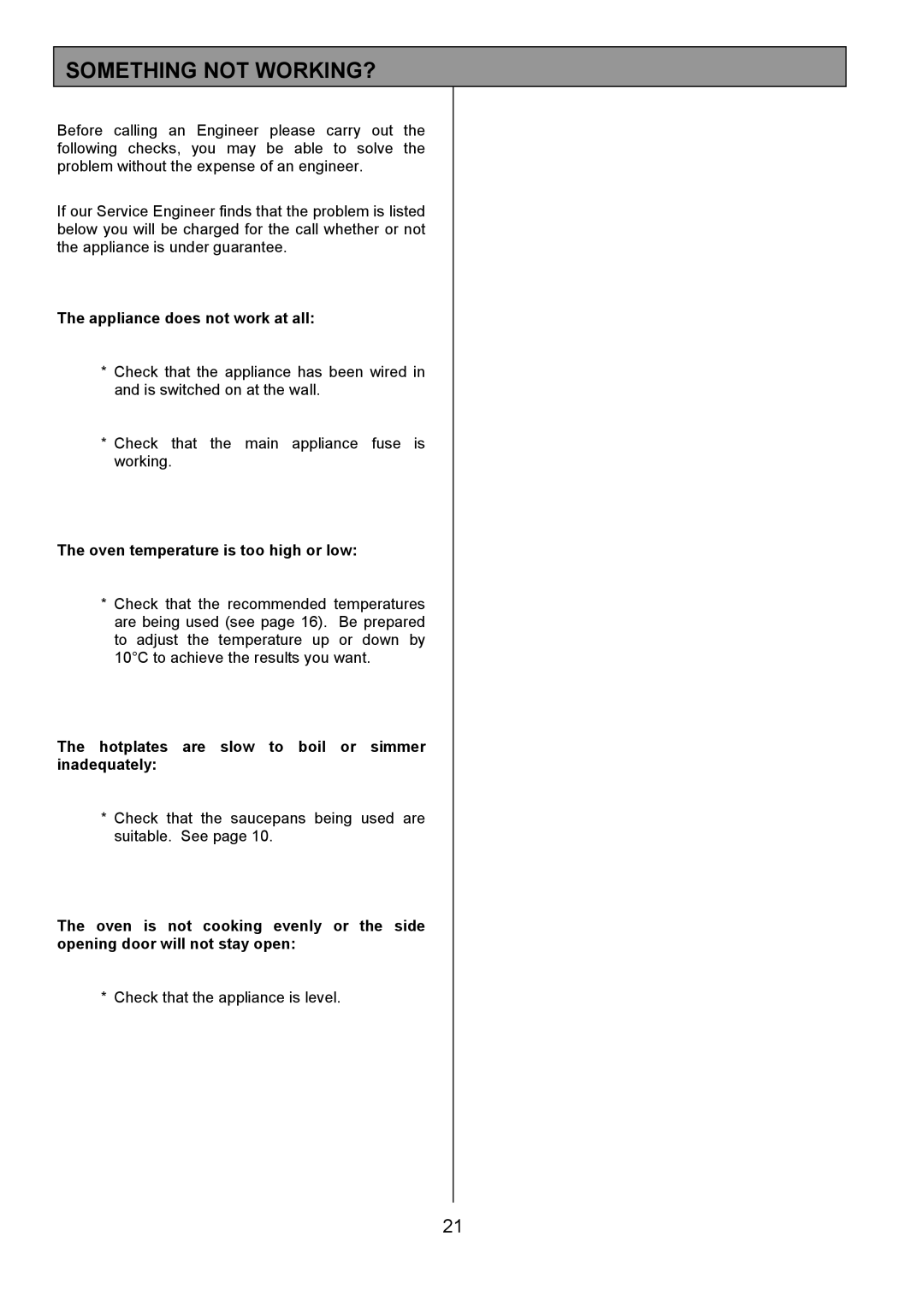 Tricity Bendix SB416 installation instructions Something not WORKING?, Appliance does not work at all 