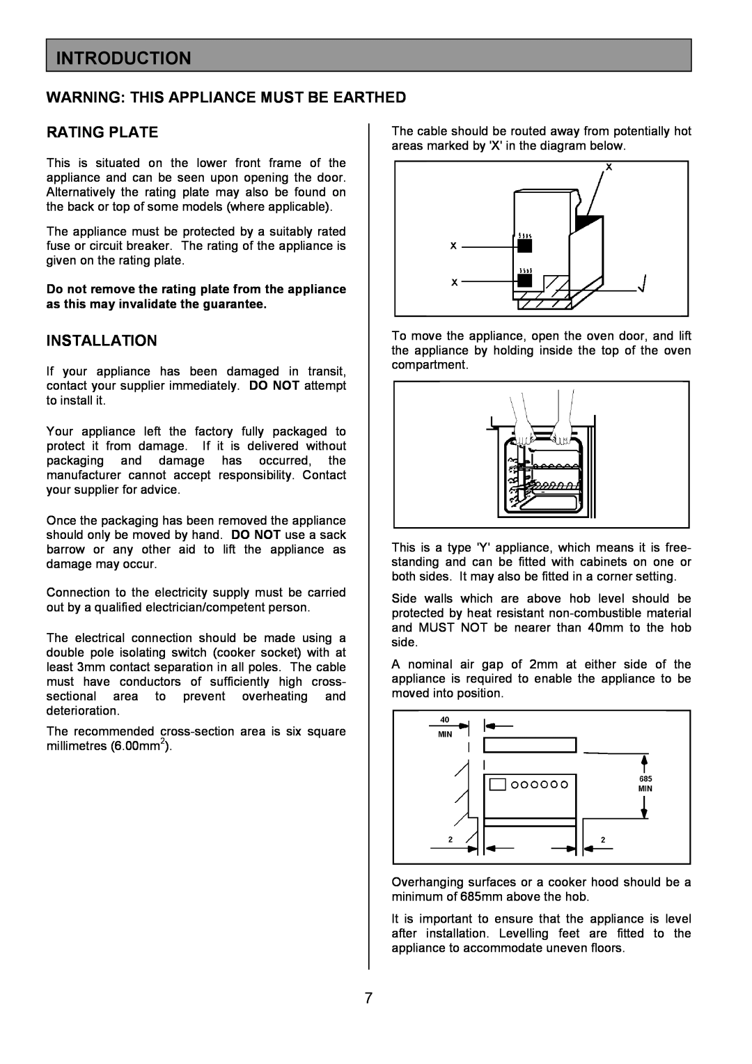 Tricity Bendix SB416 Introduction, Warning This Appliance Must Be Earthed, Rating Plate, Installation 