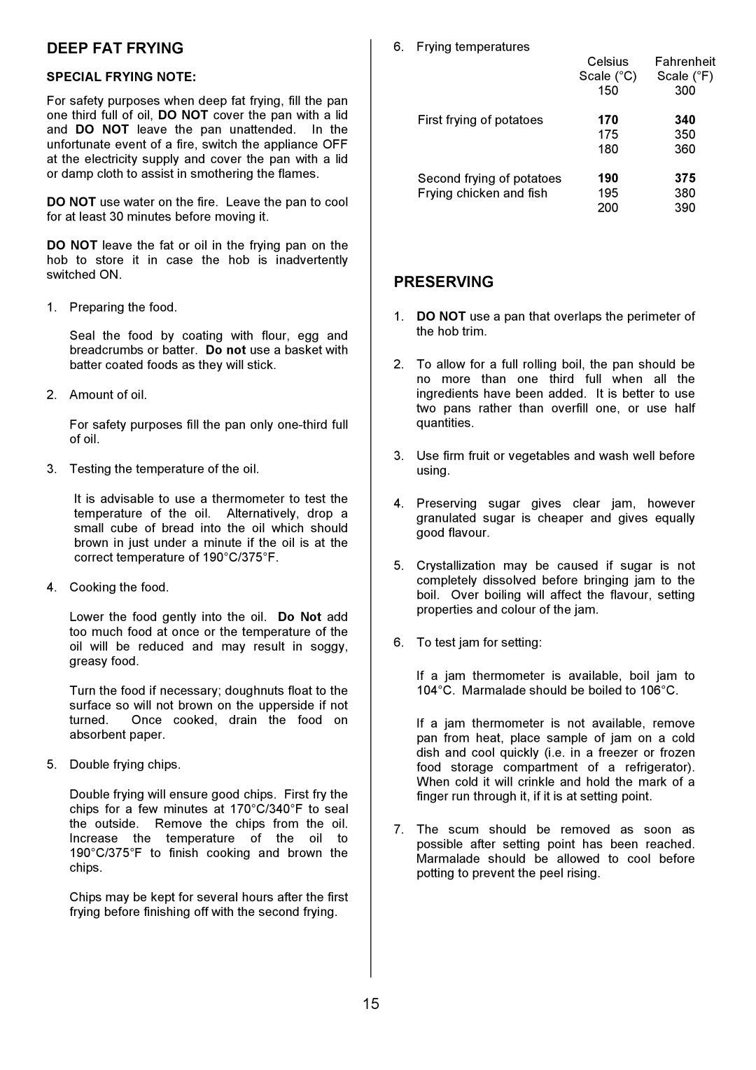 Tricity Bendix SB431 installation instructions Deep FAT Frying, Preserving, Special Frying Note 