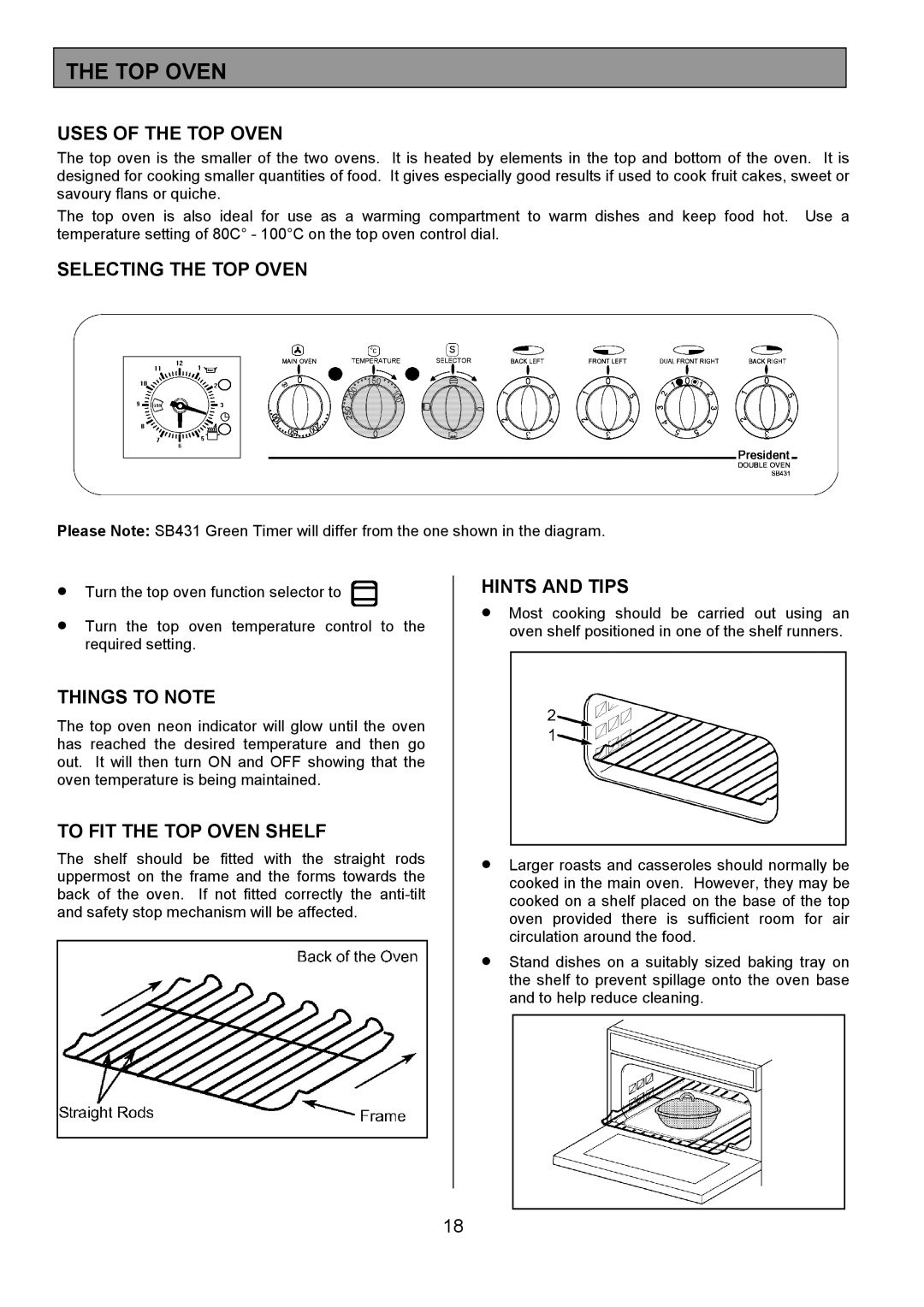 Tricity Bendix SB431 installation instructions Uses of the TOP Oven, Selecting the TOP Oven, To FIT the TOP Oven Shelf 