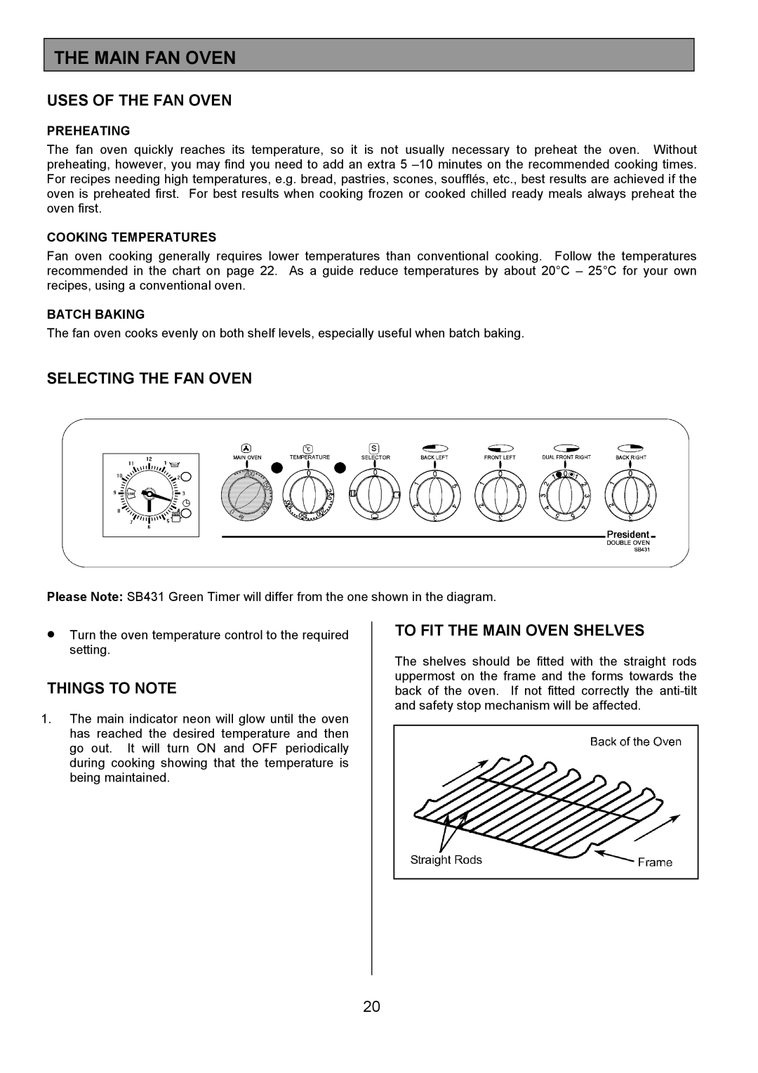 Tricity Bendix SB431 Main FAN Oven, Uses of the FAN Oven, Selecting the FAN Oven, To FIT the Main Oven Shelves 