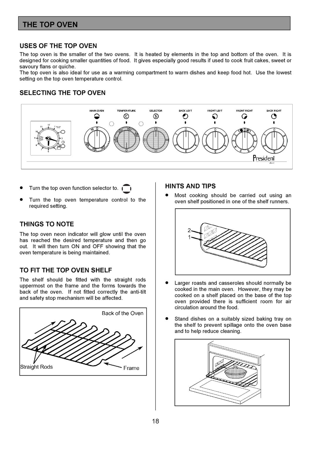 Tricity Bendix SB432 installation instructions Uses of the TOP Oven, Selecting the TOP Oven, To FIT the TOP Oven Shelf 