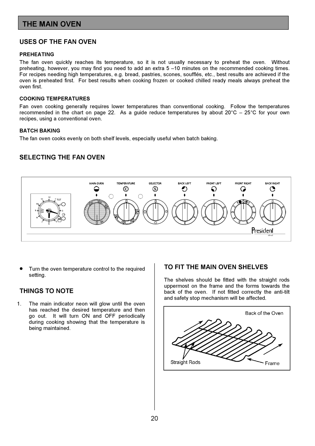 Tricity Bendix SB432 Uses of the FAN Oven, Selecting the FAN Oven, To FIT the Main Oven Shelves 