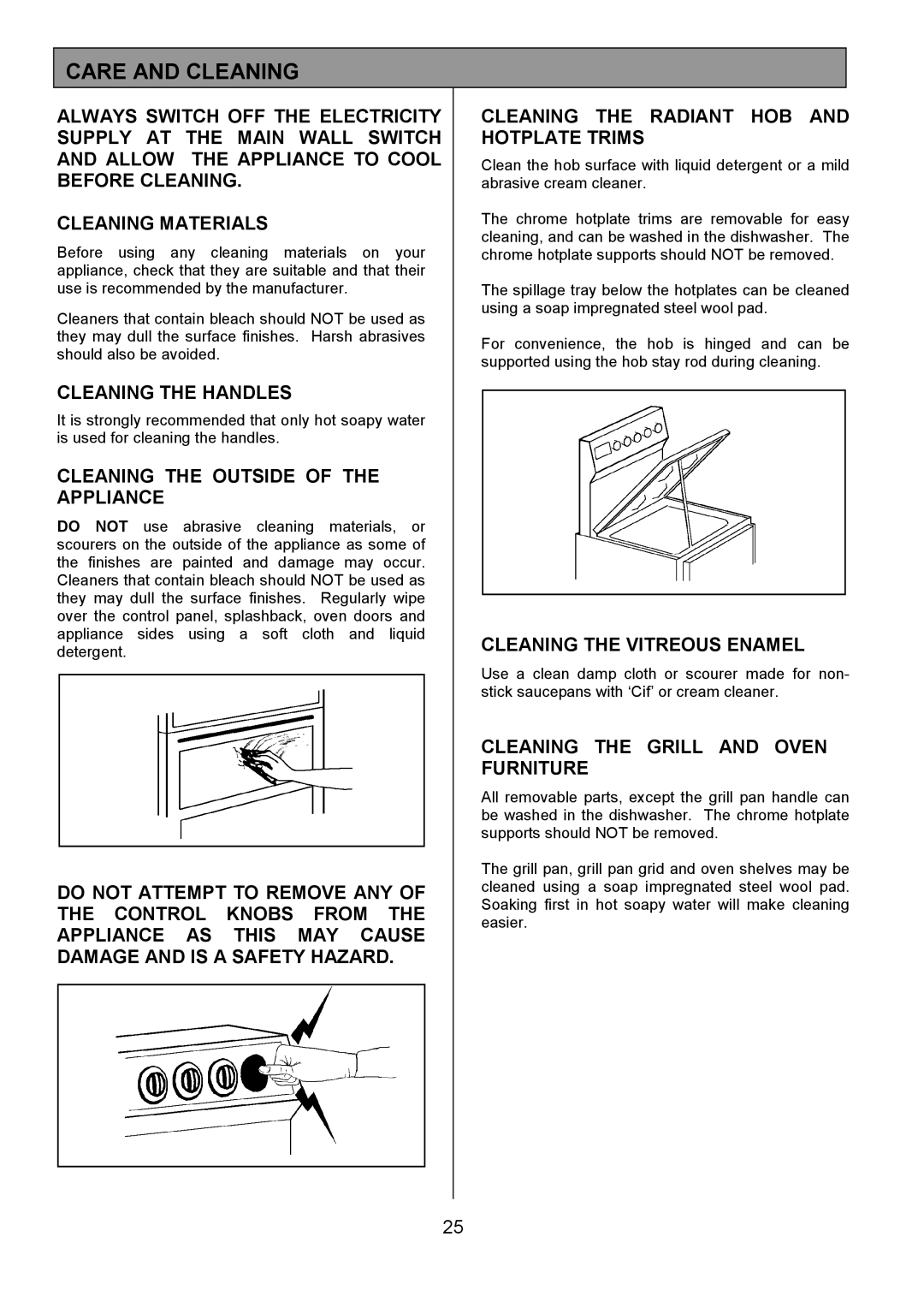 Tricity Bendix SB432 Care and Cleaning, Cleaning the Handles, Cleaning the Outside of the Appliance 