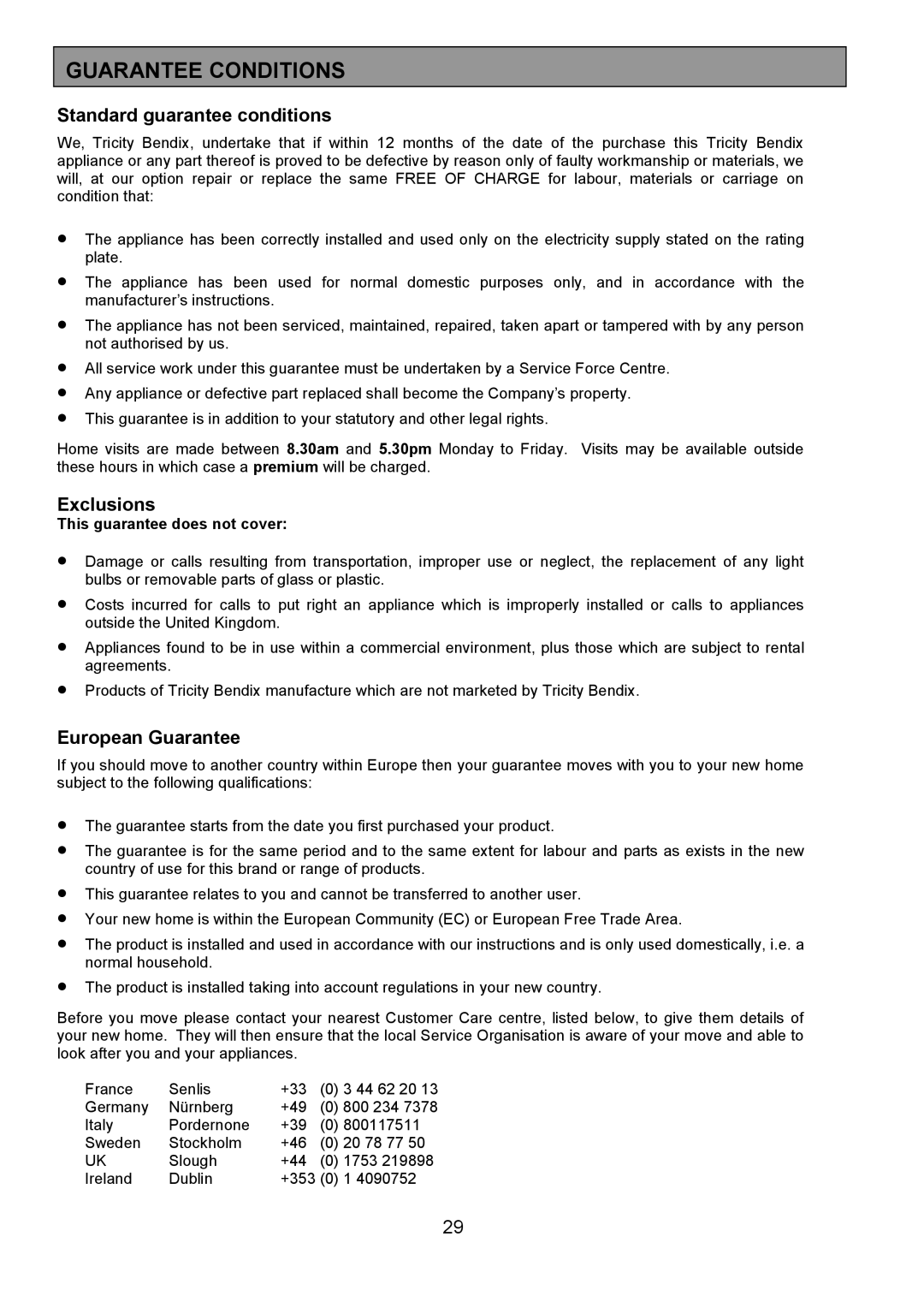 Tricity Bendix SB432 installation instructions Guarantee Conditions, Standard guarantee conditions 