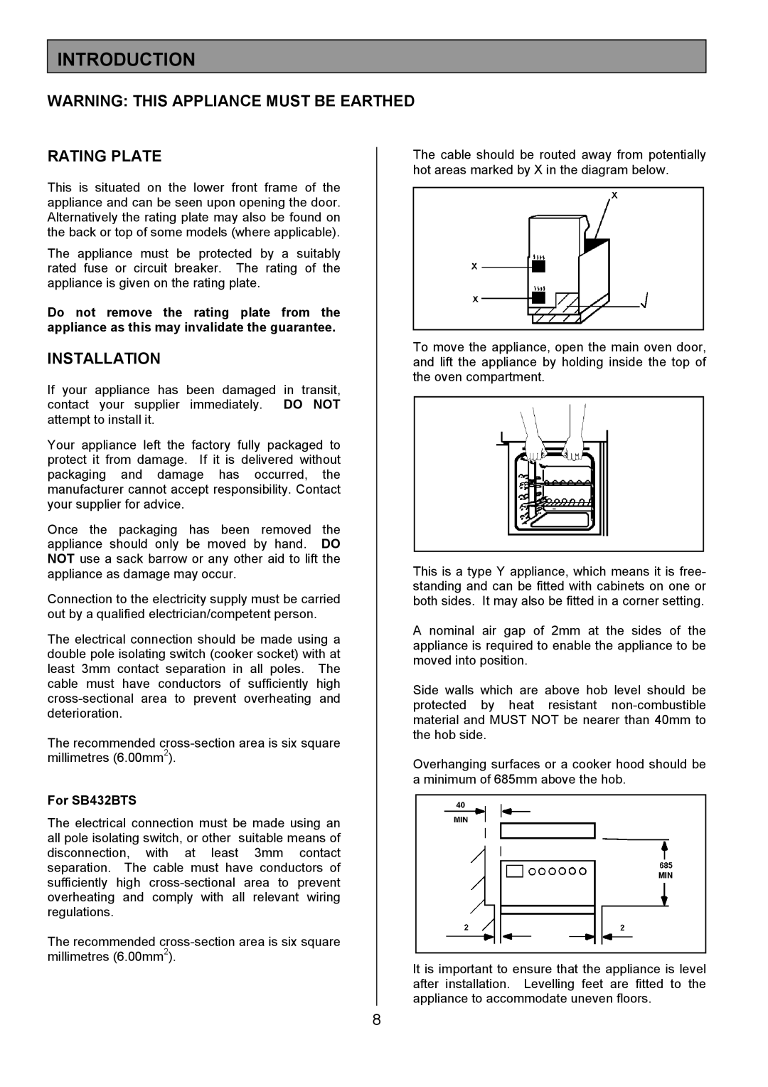 Tricity Bendix SB432 installation instructions Introduction, Rating Plate, Installation 