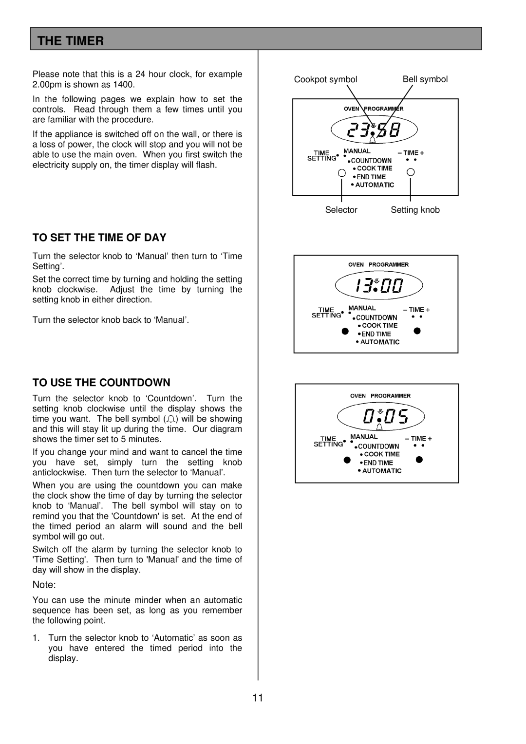 Tricity Bendix SB462 installation instructions Timer, To SET the Time of DAY, To USE the Countdown 