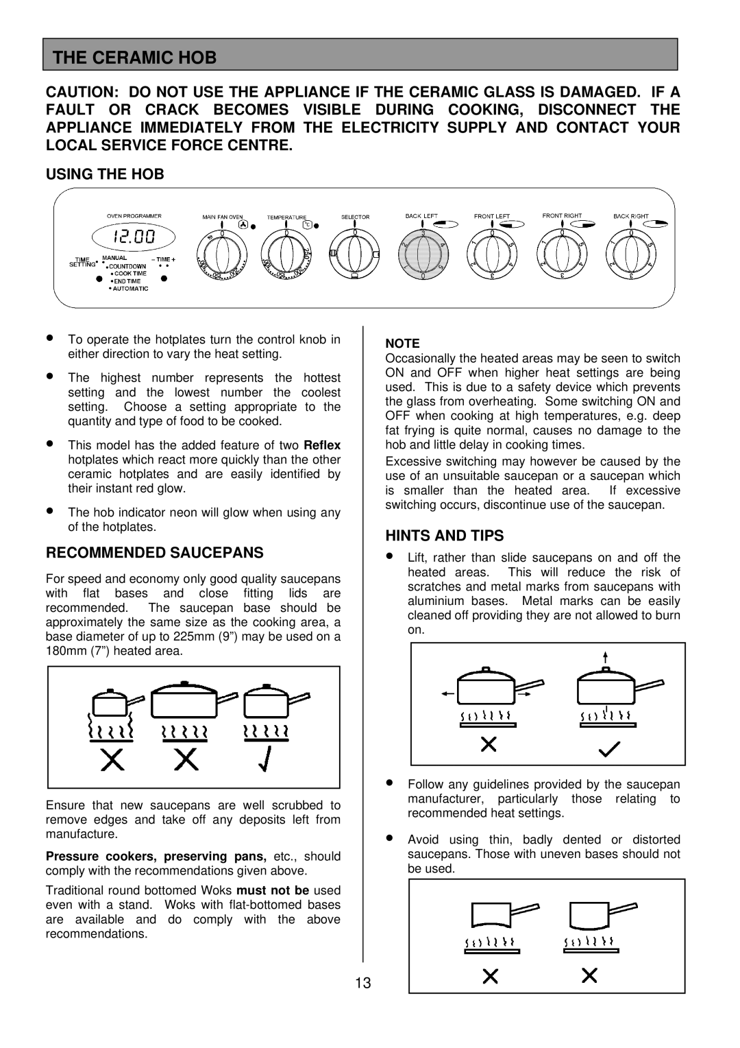 Tricity Bendix SB462 installation instructions Ceramic HOB, Using the HOB, Recommended Saucepans, Hints and Tips 