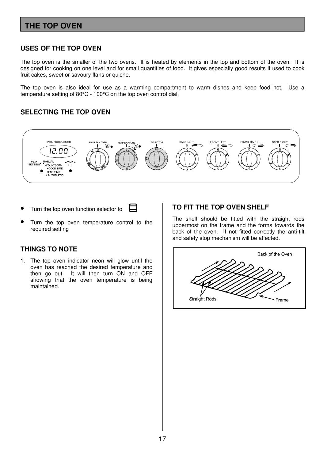 Tricity Bendix SB462 installation instructions Uses of the TOP Oven, Selecting the TOP Oven, To FIT the TOP Oven Shelf 