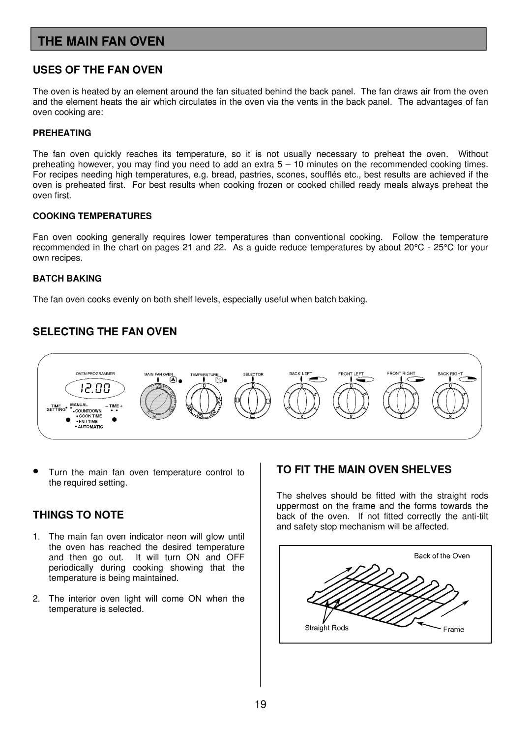 Tricity Bendix SB462 Main FAN Oven, Uses of the FAN Oven, Selecting the FAN Oven, To FIT the Main Oven Shelves 