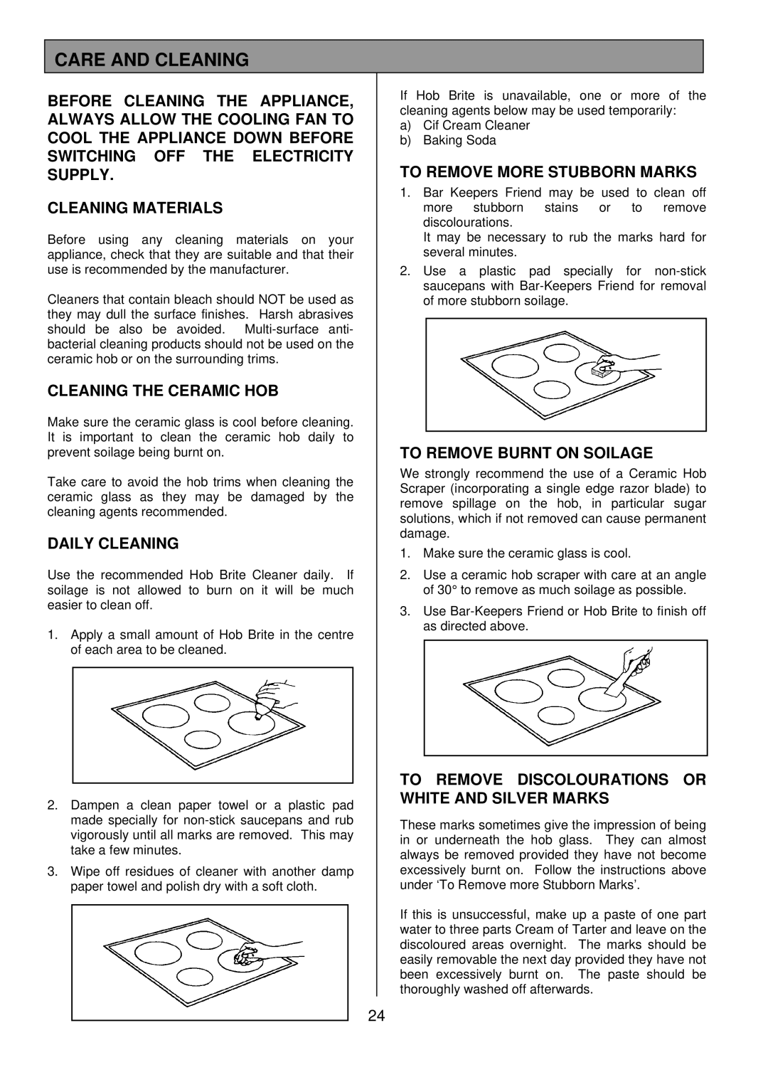 Tricity Bendix SB462 installation instructions Care and Cleaning 