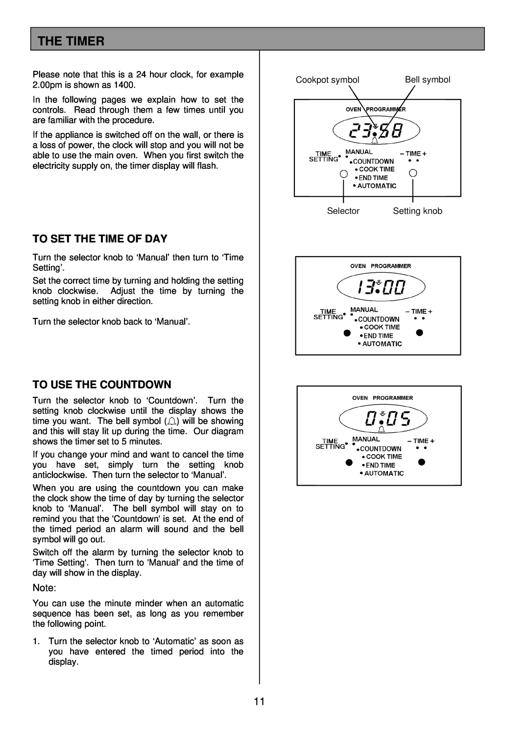 Tricity Bendix SB462 installation instructions The Timer, To Set The Time Of Day, To Use The Countdown 