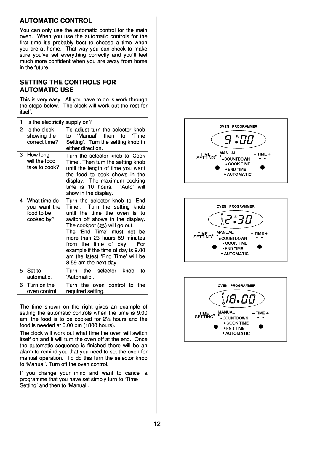 Tricity Bendix SB462 installation instructions Automatic Control, Setting The Controls For Automatic Use 