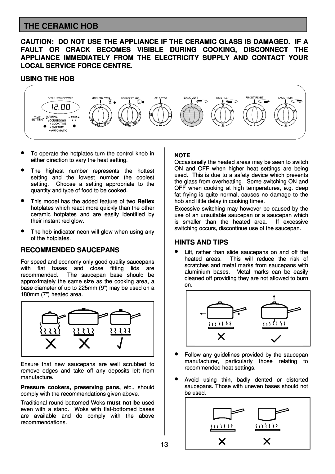 Tricity Bendix SB462 installation instructions The Ceramic Hob, Using The Hob, Recommended Saucepans, Hints And Tips 