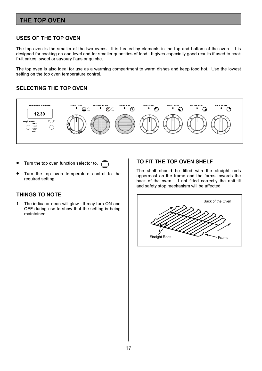 Tricity Bendix SB463 installation instructions Uses of the TOP Oven, Selecting the TOP Oven, To FIT the TOP Oven Shelf 