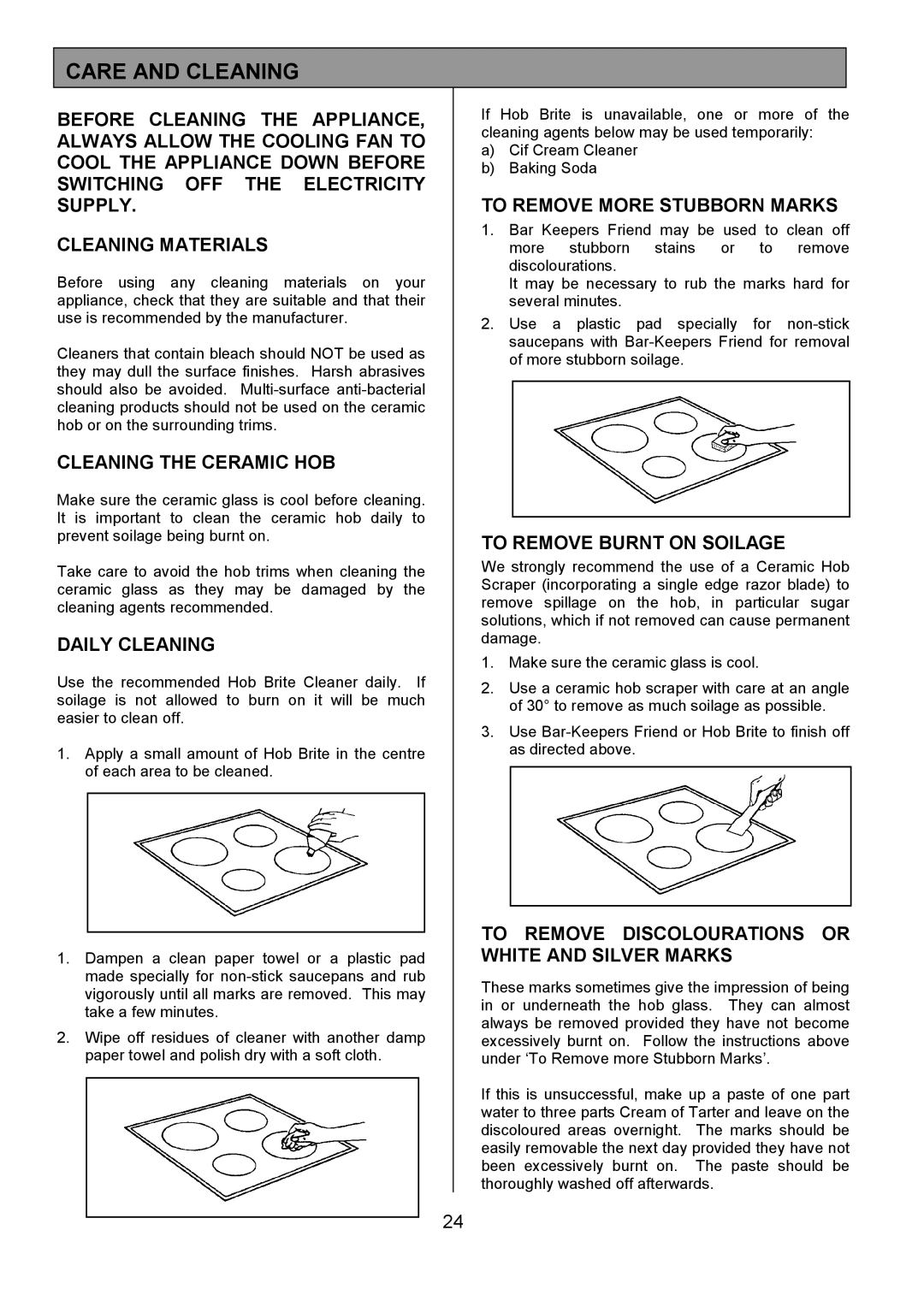 Tricity Bendix SB463 installation instructions Care and Cleaning 