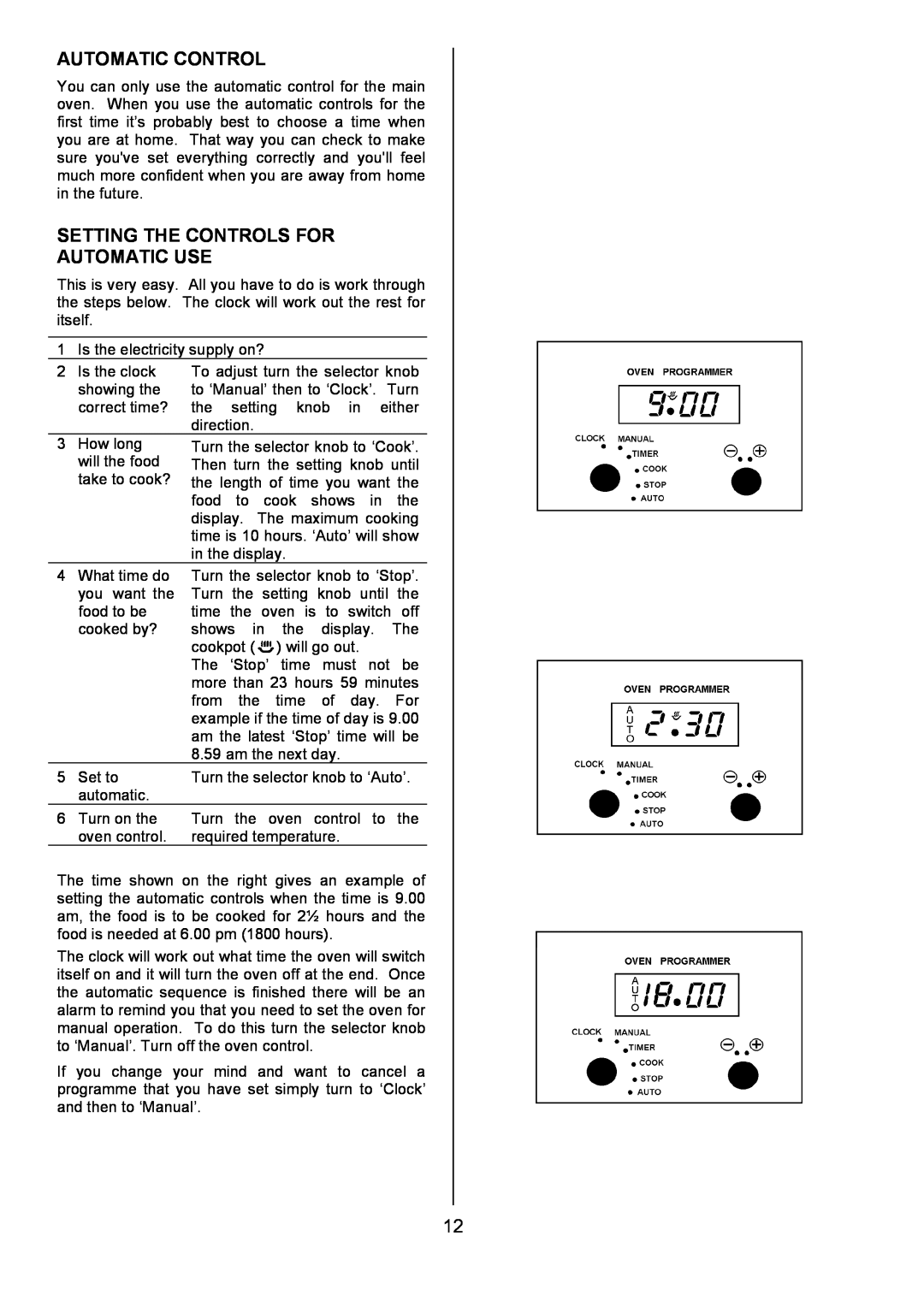 Tricity Bendix SB463 installation instructions Automatic Control, Setting The Controls For Automatic Use 
