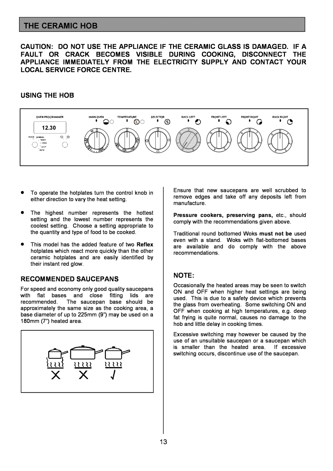Tricity Bendix SB463 installation instructions The Ceramic Hob, Using The Hob, Recommended Saucepans, 12.30 