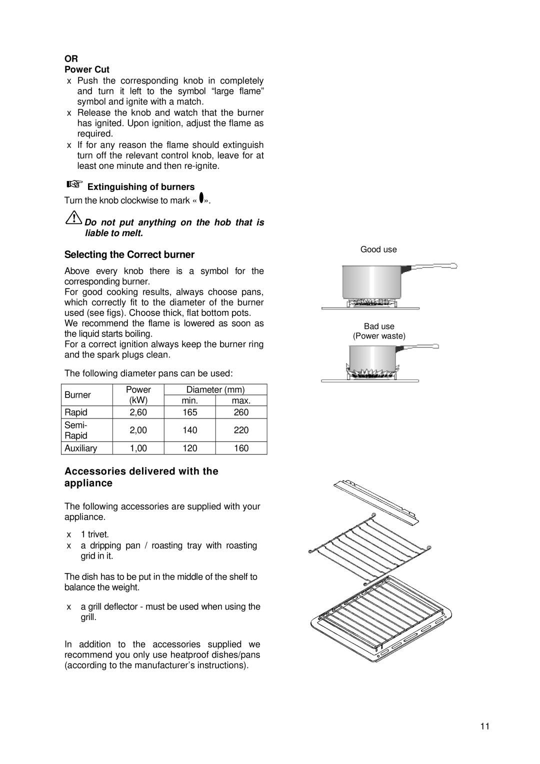 Tricity Bendix SE 210 manual Selecting the Correct burner, Accessories delivered with the appliance, Power Cut 