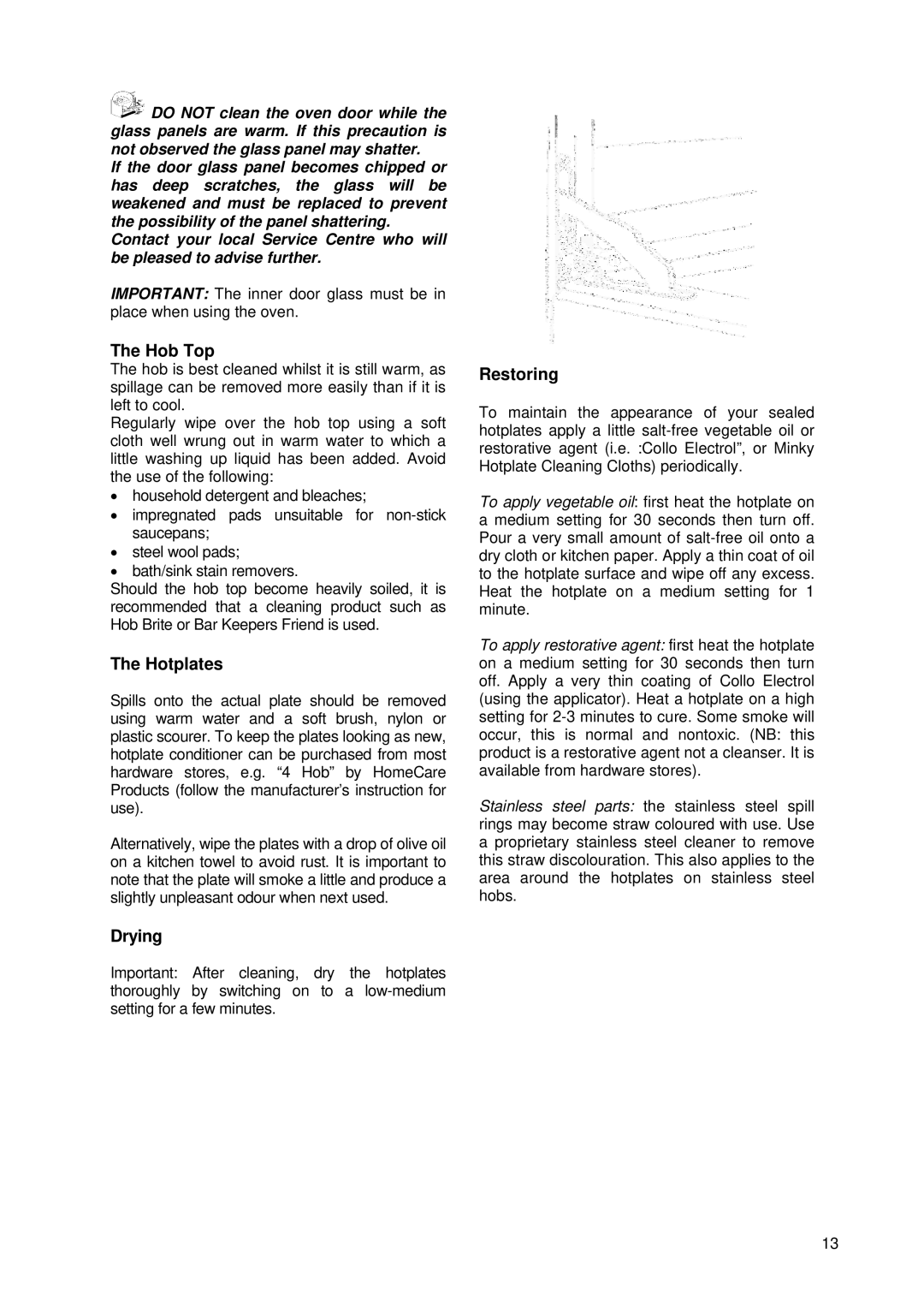 Tricity Bendix SE 210 manual Hob Top, Hotplates, Restoring, Drying 